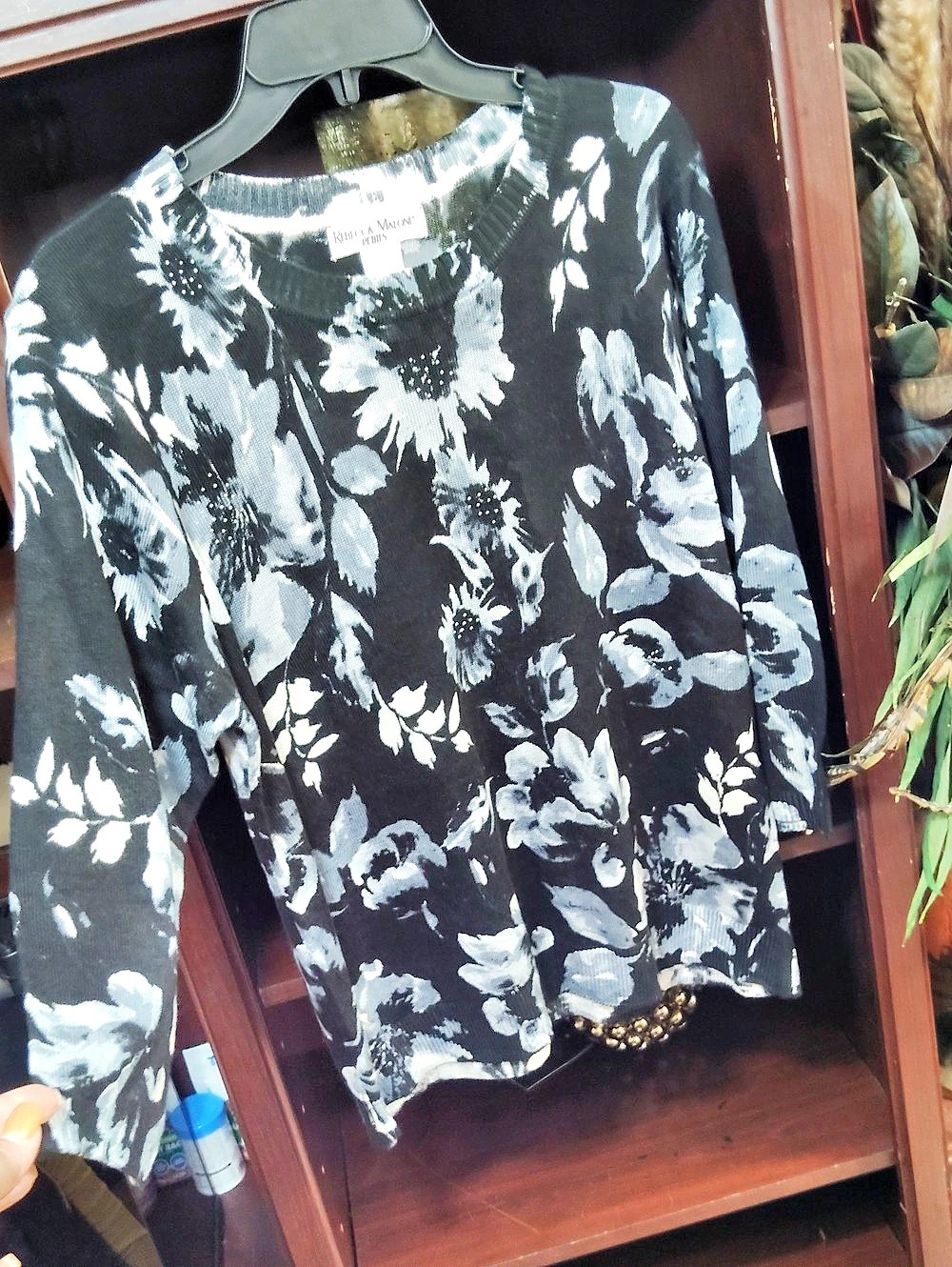 Rebecca Malone Floral Crew Neck Sweater Black & Gray Size Large